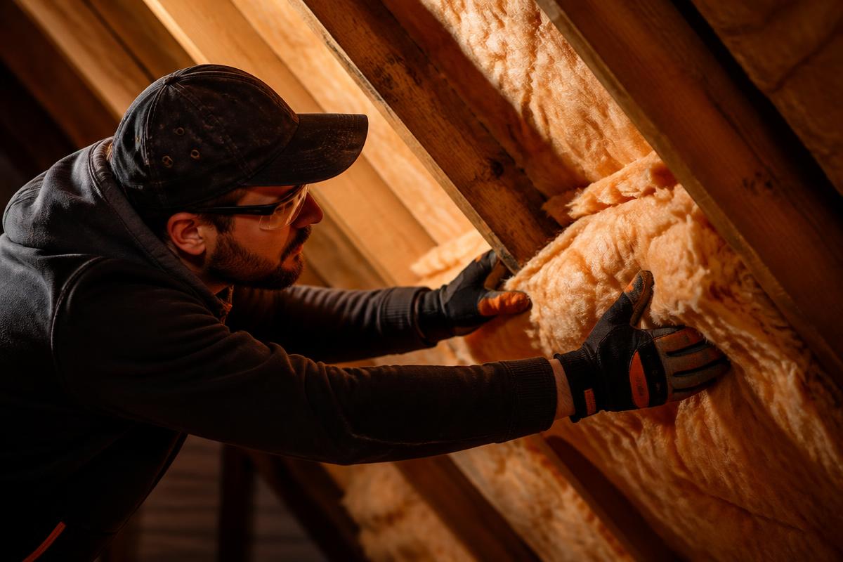 Insulation installer placing fiberglass insulation between attic rafters